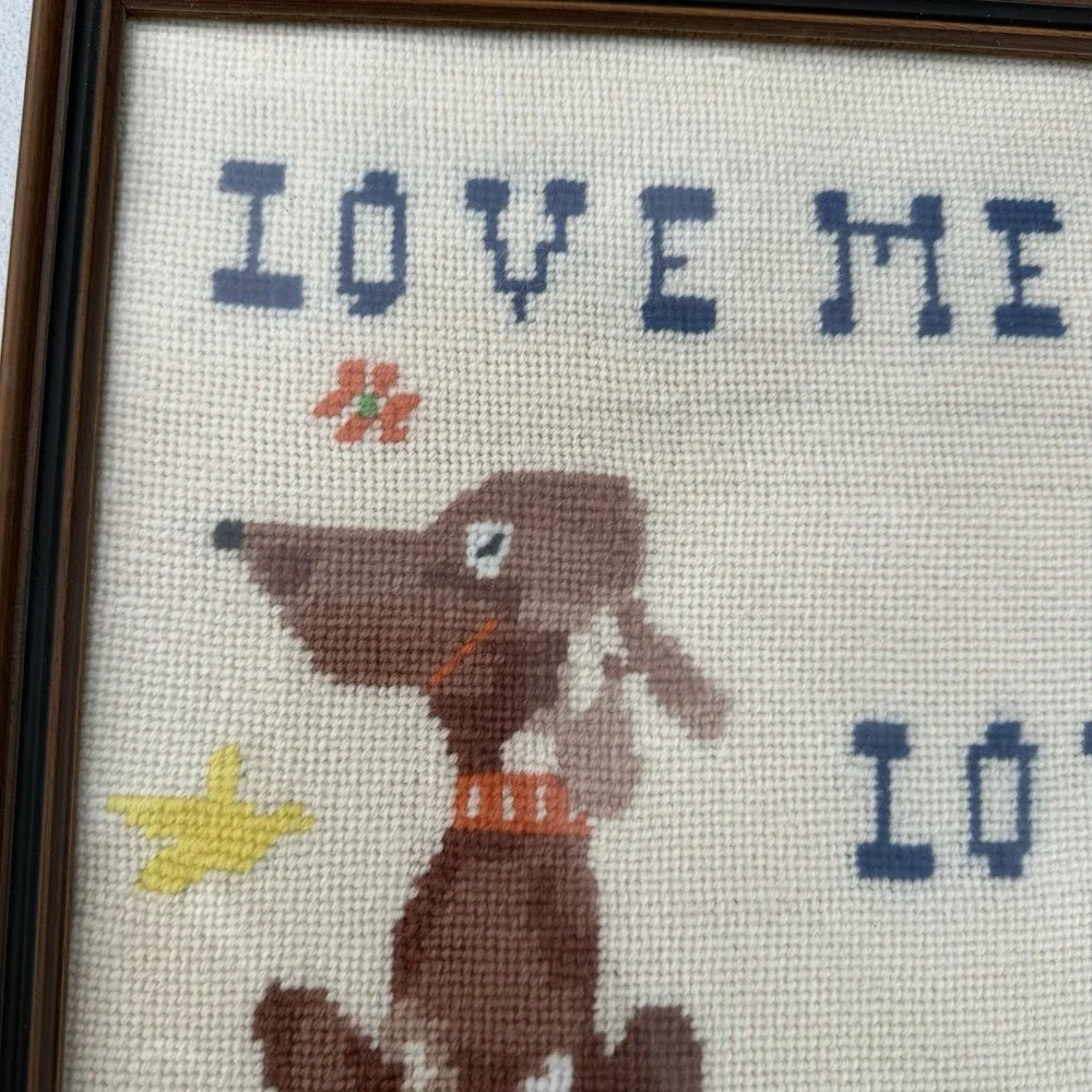 VTG Hand Cross Stitched Dog Sign Love Me Love‎ My Dog Adorable! 13x11